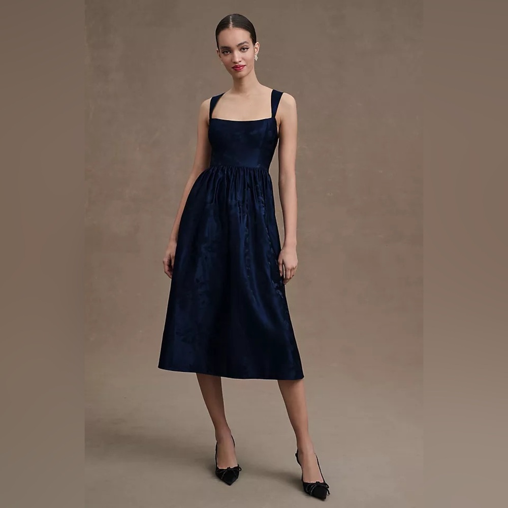 BHLDN Dark Blue Poppy Square Neck Satin Jacquard A Line Midi Dress Size